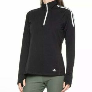 Women’s small black quarter zip with white stripes on the shoulders